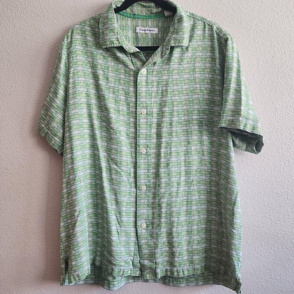 Tommy Bahama Shirt Mens XL Green Plaid Silk Short Sleeve Button Up Casual Beach